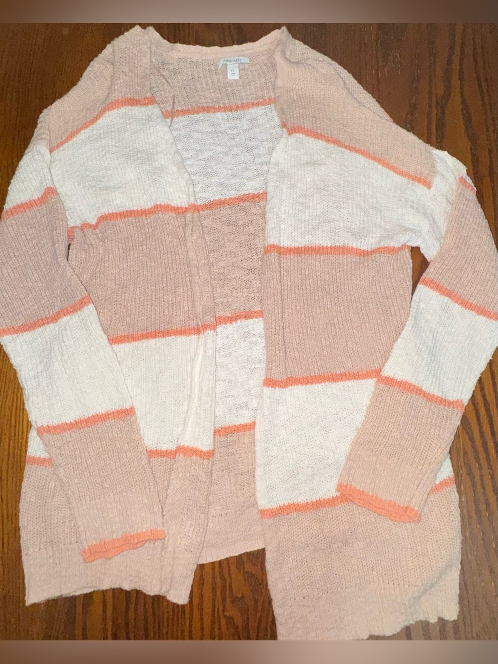 Nine West Women’s XL Open Front Striped Knit Cardigan Blush Pink Ivory Lightweig